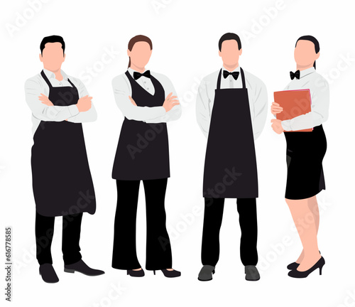 Set of waiter and waitress in isolated white background. Flat style vector illustration. 