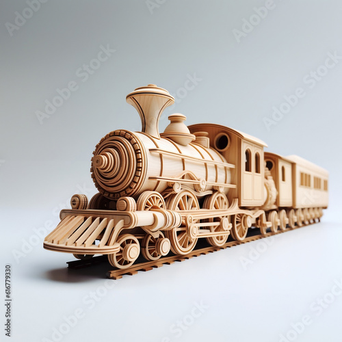 photo of a trains made of wood delicate placed on a white  style 2