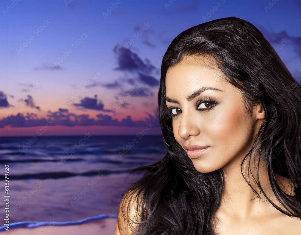 Beach beauty portrait at sunset Beach beauty portrait at sunset