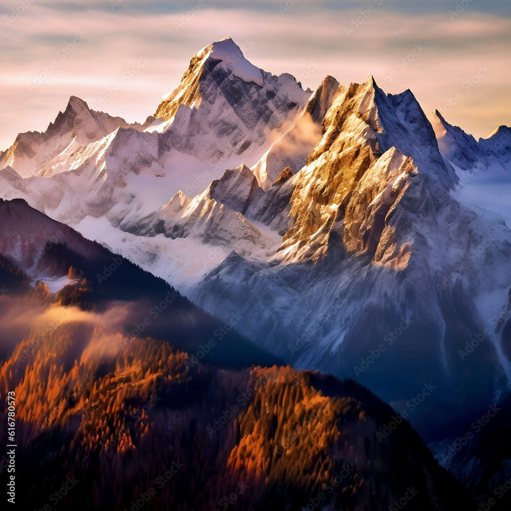 A breathtaking photograph captures a majestic mountain range at sunrise. The snow-capped mountains stand as sentinels.