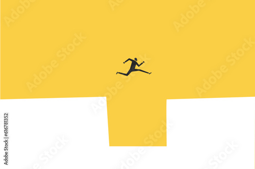 Businessman jump through the gap. Concept of success, motivation, goal, professional growth