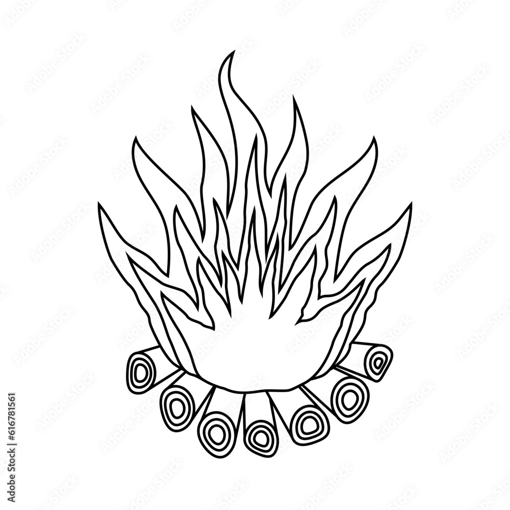 A burning flame icon with firewood on a white background. A burning flame icon with firewood on a white background.