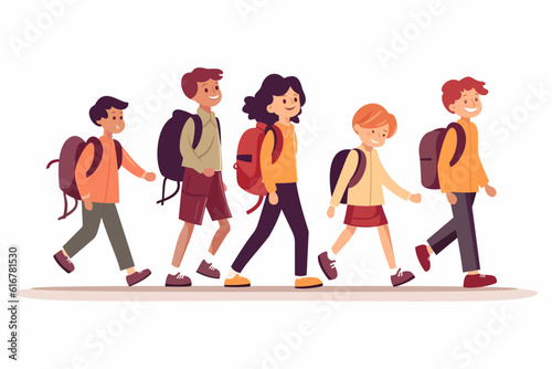 Children with school backpacks go to school. A group of cheerful schoolchildren. vector illustration.
