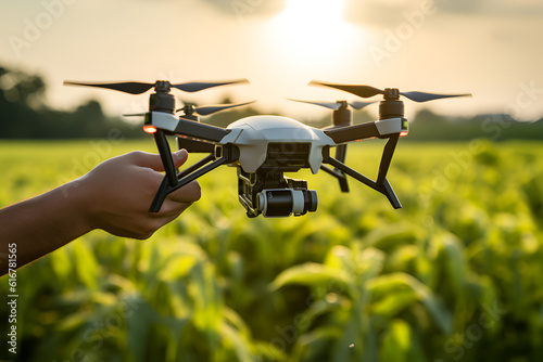 IoT sensors in smart agriculture, a drone in the farmer's hand.