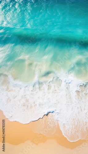 Generative AI illustration of a serene aerial view of a pristine white sand beach surrounded by crystal clear turquoise waters