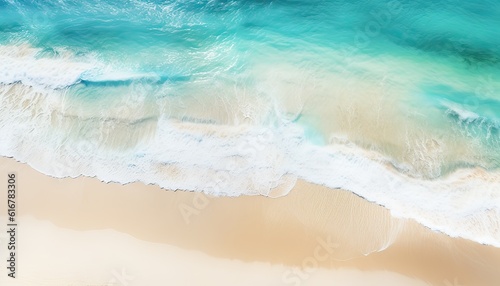 Generative AI illustration of a serene aerial view of a pristine white sand beach surrounded by crystal clear turquoise waters