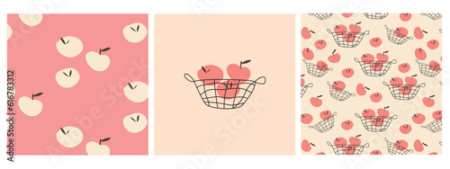 Vector pattern with bright apples on a beige background. Fruit background. Fruit basket print and pattern collection