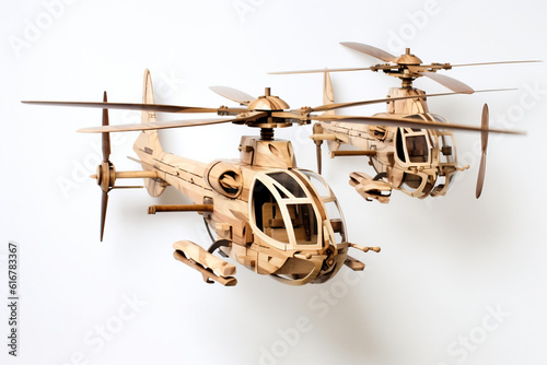 photo of a attack helicopters made of wood delicate placed style 2