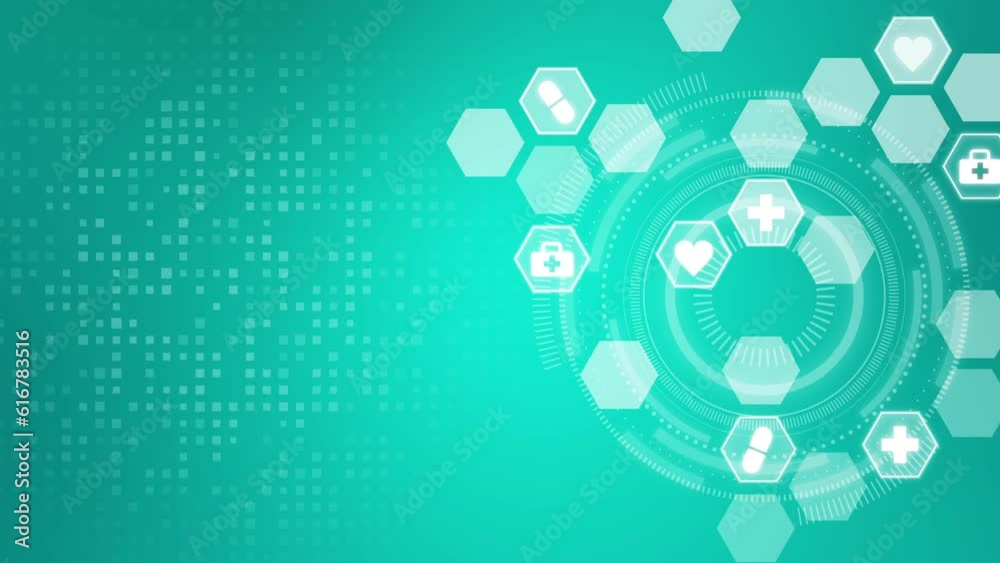 Scientific medical healthcare background with digital icons in hexagons. Animated looped hi-tech HUD interface. Scientific medical healthcare background with digital icons in hexagons. Animated looped hi-tech HUD interface.