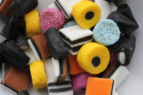 Full frame view of assorted English liquorice candy.