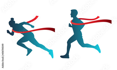 Set of silhouettes of a man and a woman running at the finish line with a red ribbon. 