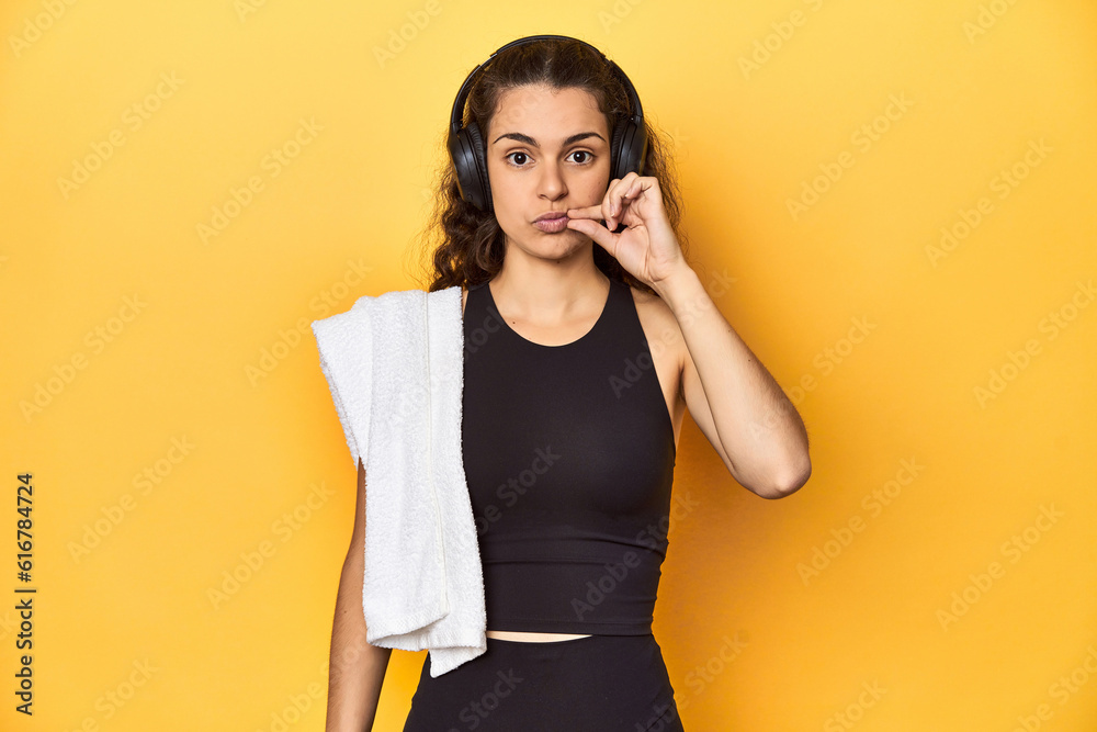 Athletic woman holding a towel, yellow background, with fingers on lips keeping a secret. Athletic woman holding a towel, yellow background, with fingers on lips keeping a secret.
