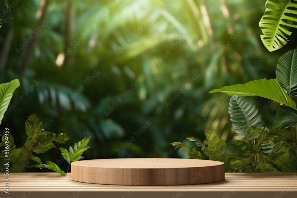 Wooden product display podium for cosmetic product with green nature garden background, 3d rendering Wooden product display podium for cosmetic product with green nature garden background, 3d rendering