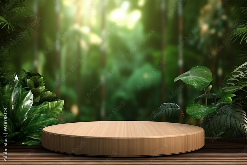 Wooden product display podium for cosmetic product with green nature garden background, 3d rendering Wooden product display podium for cosmetic product with green nature garden background, 3d rendering