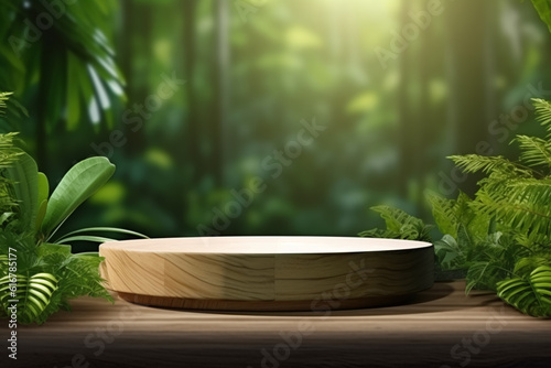 Wooden product display podium for cosmetic product with green nature garden background  3d rendering