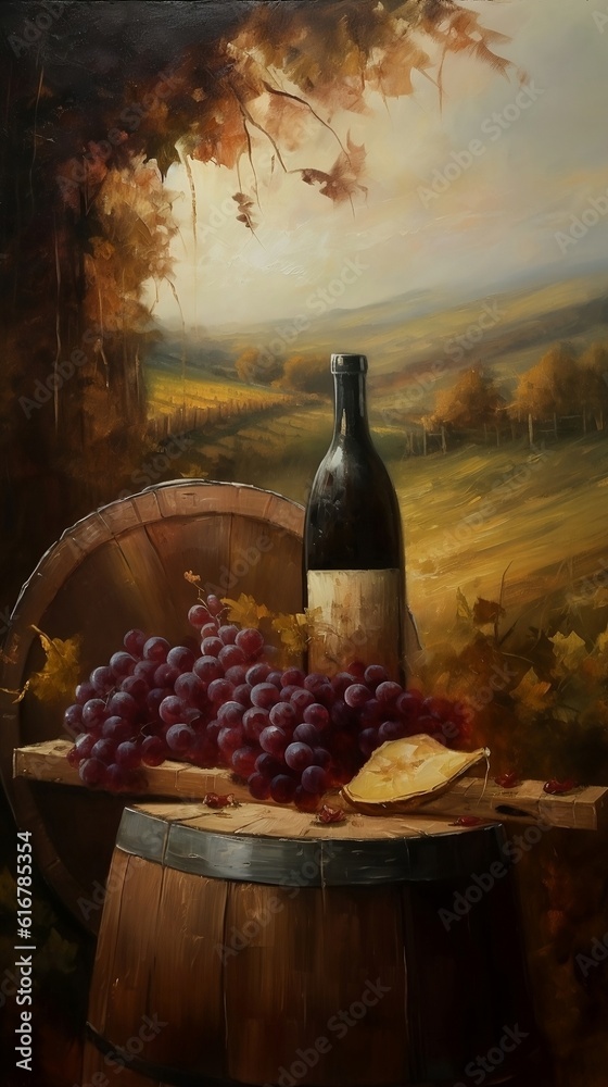 Taste the tradition: Rustic wooden barrel with cheese board, grapes and wine in vineyard, rows of grapevines in background, appreciation for craftsmanship and tradition, generative AI