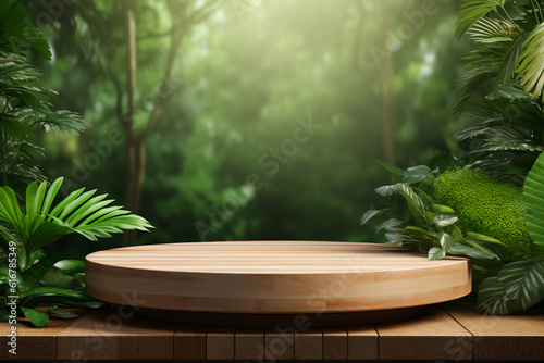 Wooden product display podium for cosmetic product with green nature garden background  3d rendering