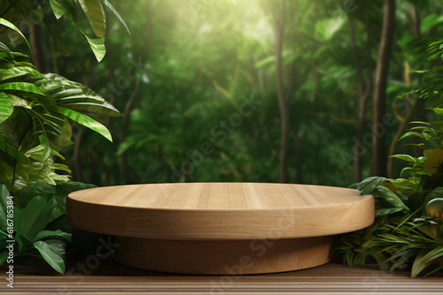 Wooden product display podium for cosmetic product with green nature garden background, 3d rendering