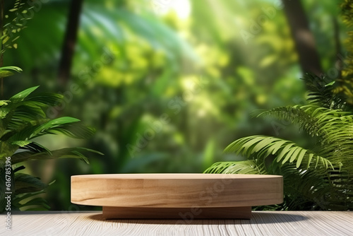 Wooden product display podium for cosmetic product with green nature garden background  3d rendering
