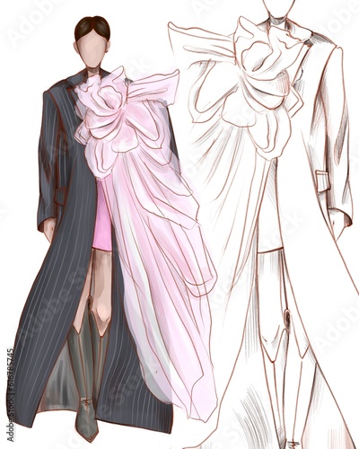girl in grey coat with big pink bow walking on podium. trendy clothes fashion illustration for blog, shop or paper doll