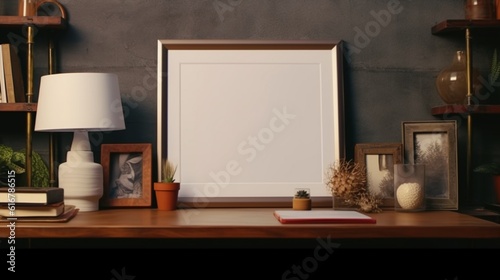 Blank picture frame mockup interior with a table and decorative objects, Generative AI.