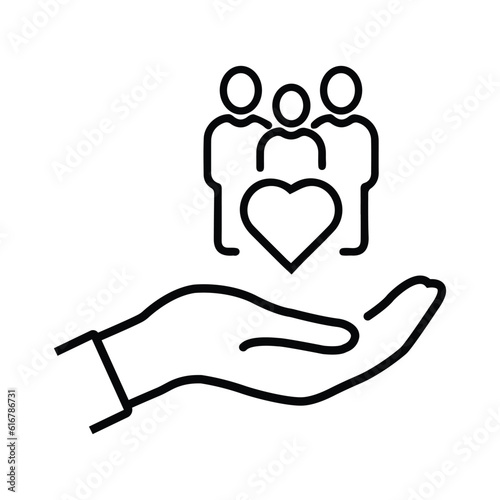 hand with heart community, icon, concept empathy or charity, solidarity love, care people, volunteer support