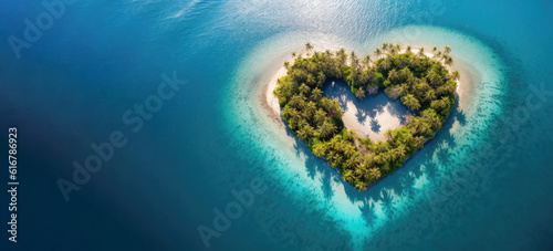 Aerial drone shot of a heart shaped tropical palm island in the ocean with lots of negative space.