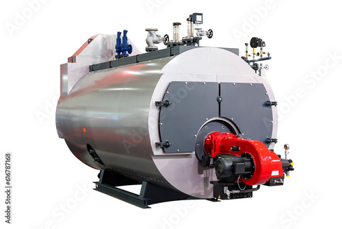 Fototapeta Naklejka Na Ścianę i Meble -  boiler room for industrial with component such as pipe system burner electric motor valve gauge sensor control etc. isolated on white background with clipping path