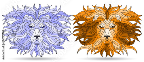 A set of illustrations in the style of stained glass with portraits of lions, muzzles isolated on a white background, tone blue and brown