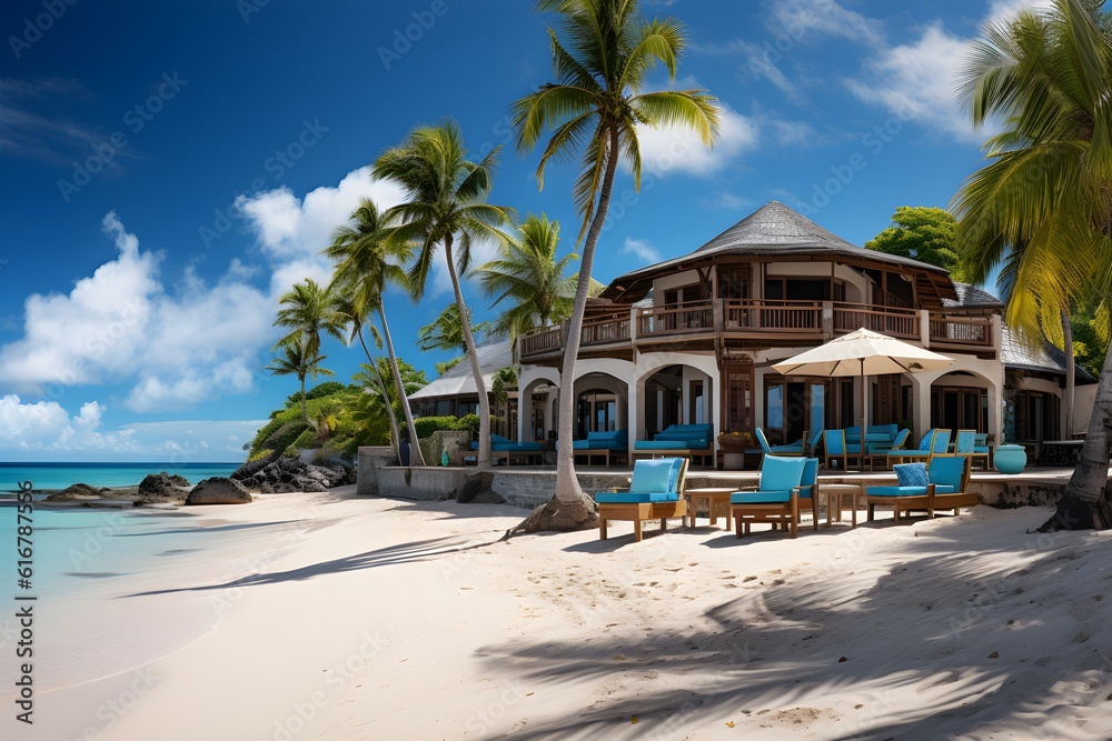 A beautiful beach resort sits on the beachfront next to palm trees. A perfect holiday location. Bar area has tables and chairs. Generative AI.