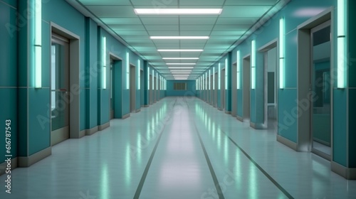 Empty corridor in a modern hospital with a spacious waiting area, Generative AI.