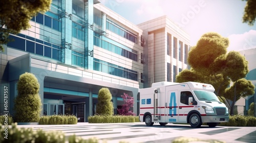 Front view of a hospital with an ambulance in front, Generative AI. photo