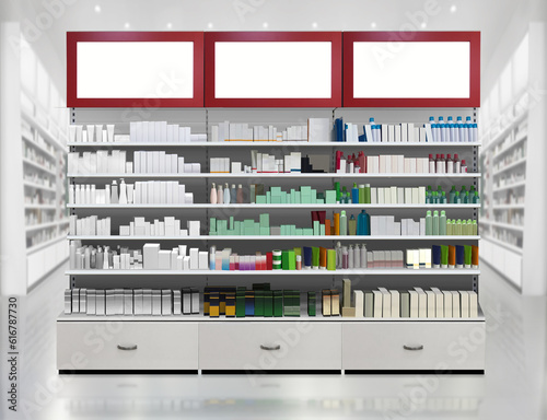 Face cream on shelf at pharmacy store interior, mockup and illustration is suitable for presenting new supplements box designs packagings, among many others.
