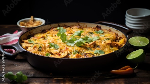 Chicken Tamale Pie on wooden background. Generative AI