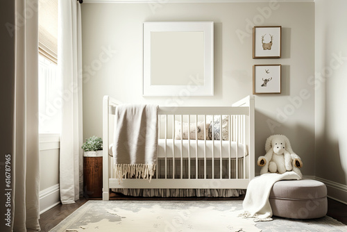 simple off white nursery with crib and rug and canvas on wall over crib, neutral tones, white background, ai generative