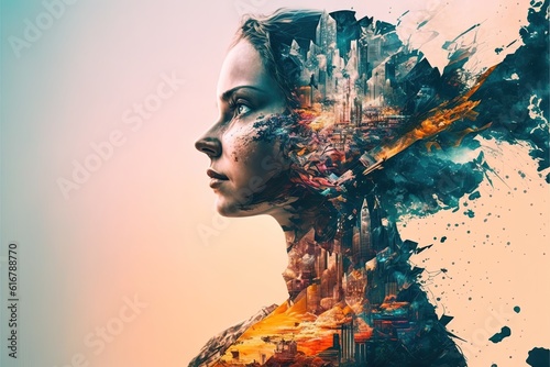 Creativity in Double Exposure. Generative AI, non-existent person.	