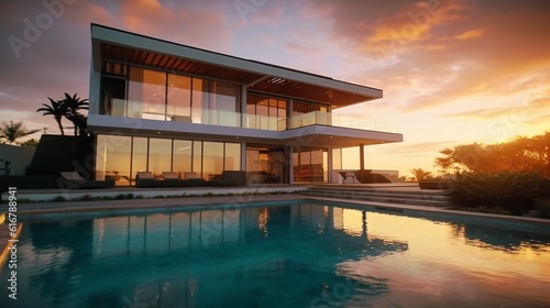Luxury modern house of a beautiful sunset, Generative AI. © Dhiman