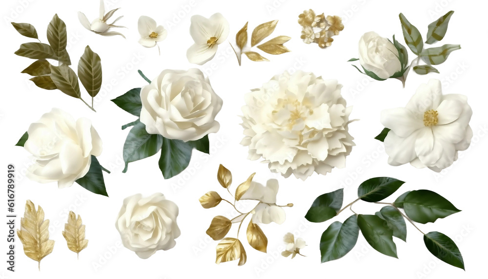 White flowers, rose, peony, green and gold leaf branches collection, for fashion, backgrounds, textures, DIY, cards, wedding stationary, greetings, wallpapers, wrappers, invitationsGenerative ai