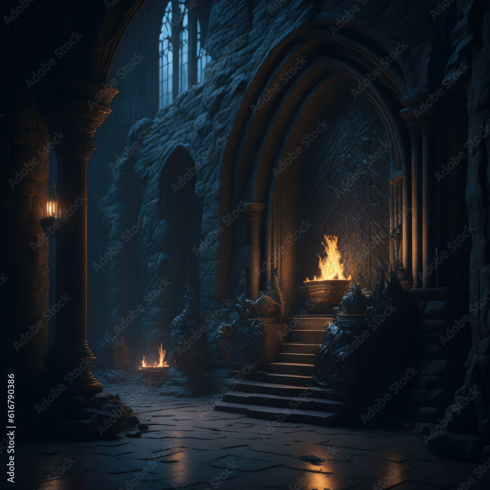 Fantasy Fairytale Castle Fortress Medieval Interior Throne Room, Dark with Warm Fire Torch on Wall, Generative Ai