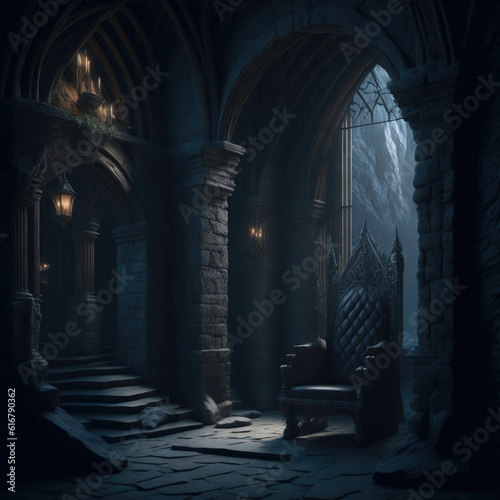 Fantasy Fairytale Castle Fortress Medieval Interior Throne Room  Dark with Warm Fire Torch on Wall  Generative Ai