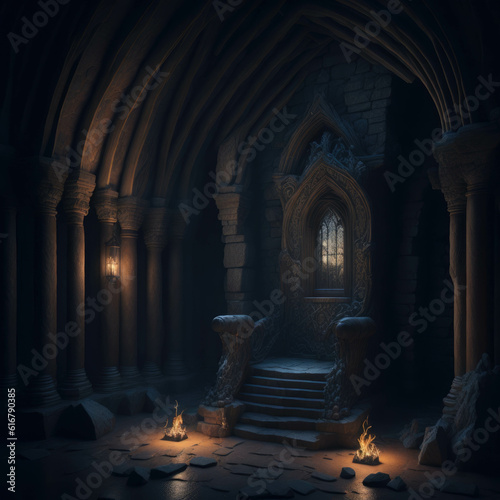 Fantasy Fairytale Castle Fortress Medieval Interior Throne Room, Dark with Warm Fire Torch on Wall, Generative Ai