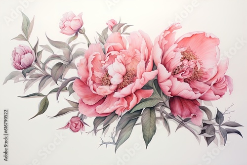 Fototapeta Naklejka Na Ścianę i Meble -  flower illustration, Pink peony on a white background. Watercolor style. Generative AI