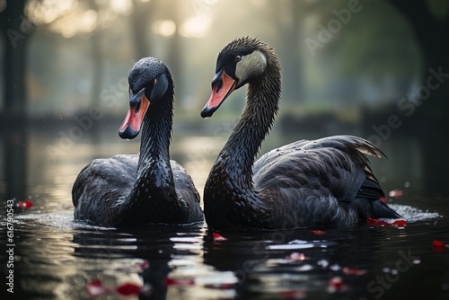 Two black swans in the national Park. Generative AI photo