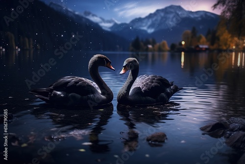 Two black swans in the national Park. Generative AI © Irina