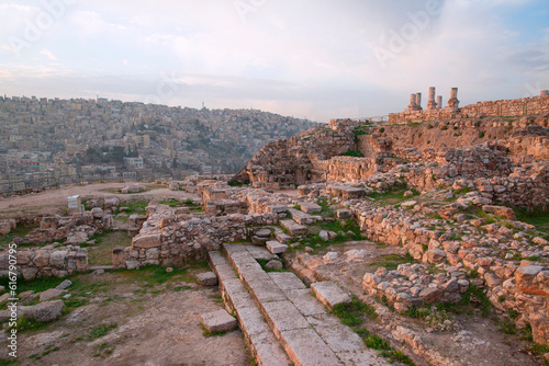 Citadel archeological park in Amman, Jordan. Roman ancient ruins and panoramic view to the city. 