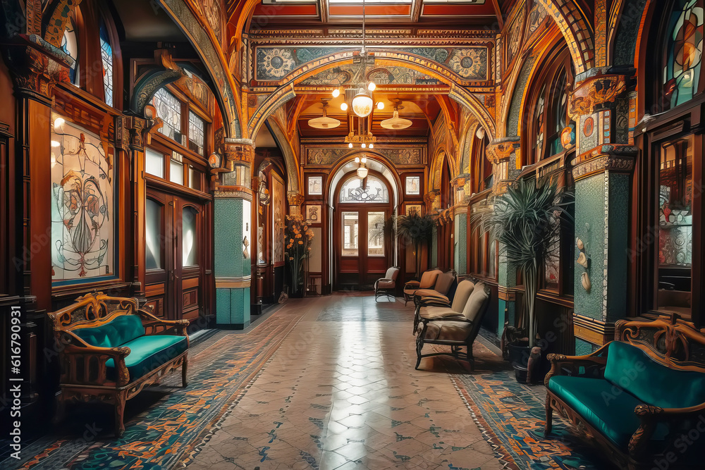 Empty luxury corridor in a vintage hotel. Generative AI illustration