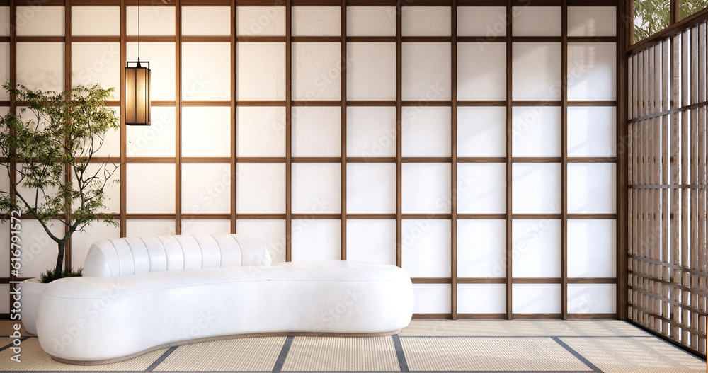 BIg roominterior design in modern living room with black low table ,lamp,vase, and decor Japanses style. 3D rendering BIg roominterior design in modern living room with black low table ,lamp,vase, and decor Japanses style. 3D rendering