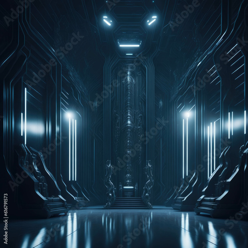 Futuristic Alien Mothership Hall  Flying Castle  Throne Room Interior Hallway  Dark with Lights Glowing  Generative AI
