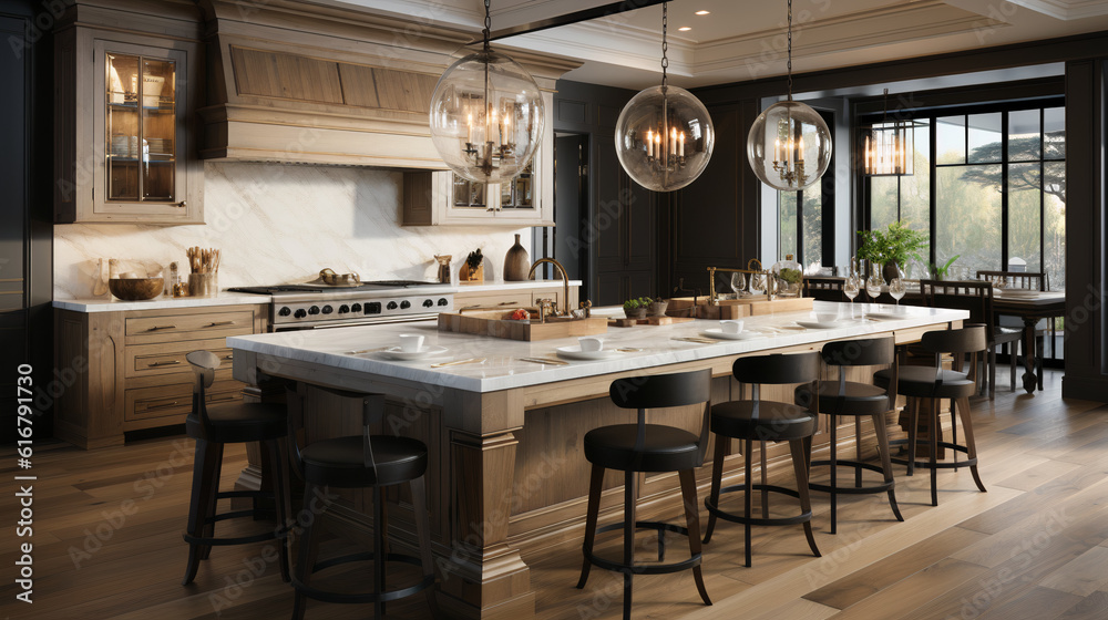 Photorealistic Transitional Kitchen Design: 2023 Interior Trends Combining Traditional and Modern Aesthetics Created with A Fusion of AI Powered Models