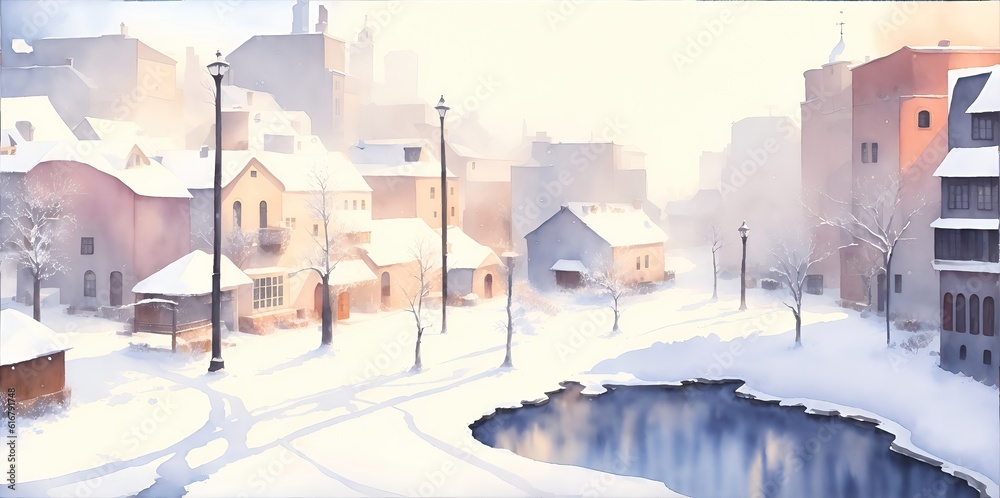 Obraz premium Watercolor winter cityscape. Snow-covered houses and streets.